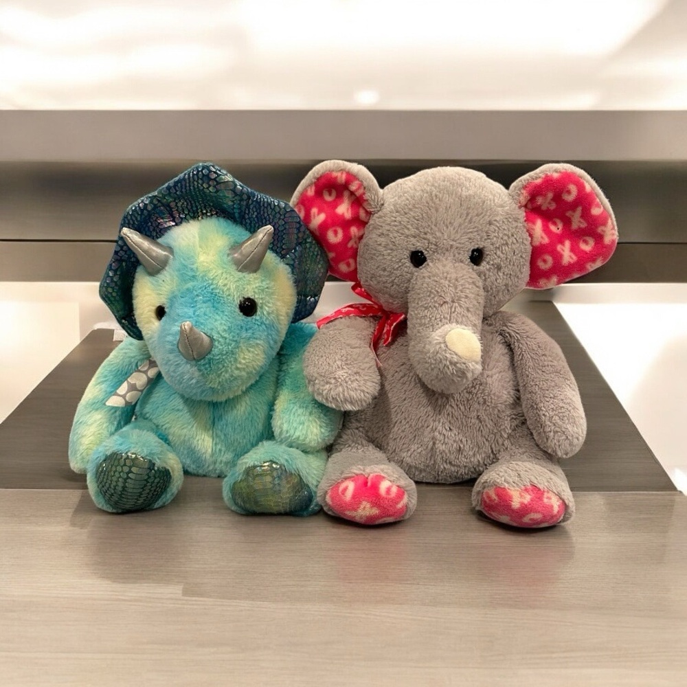 Plush Dinosaur and Elephant Toy Set - Blue and Gray